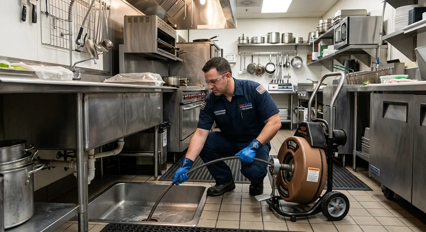 Commercial drain cleaning service in a restaurant kitchen in Lake Park