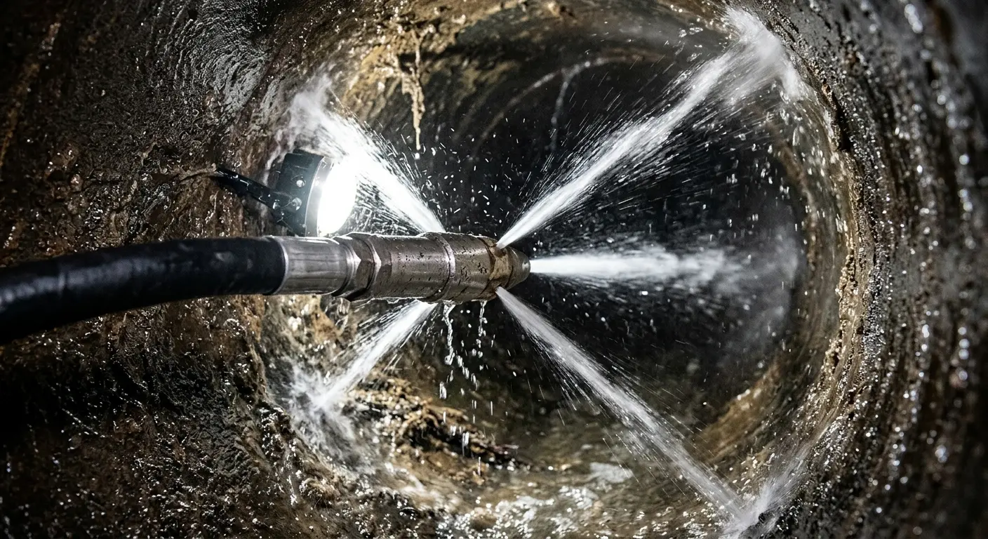 High-pressure hydro jetting nozzle cleaning sewer pipe for Sewer Cleanout in Lake Park