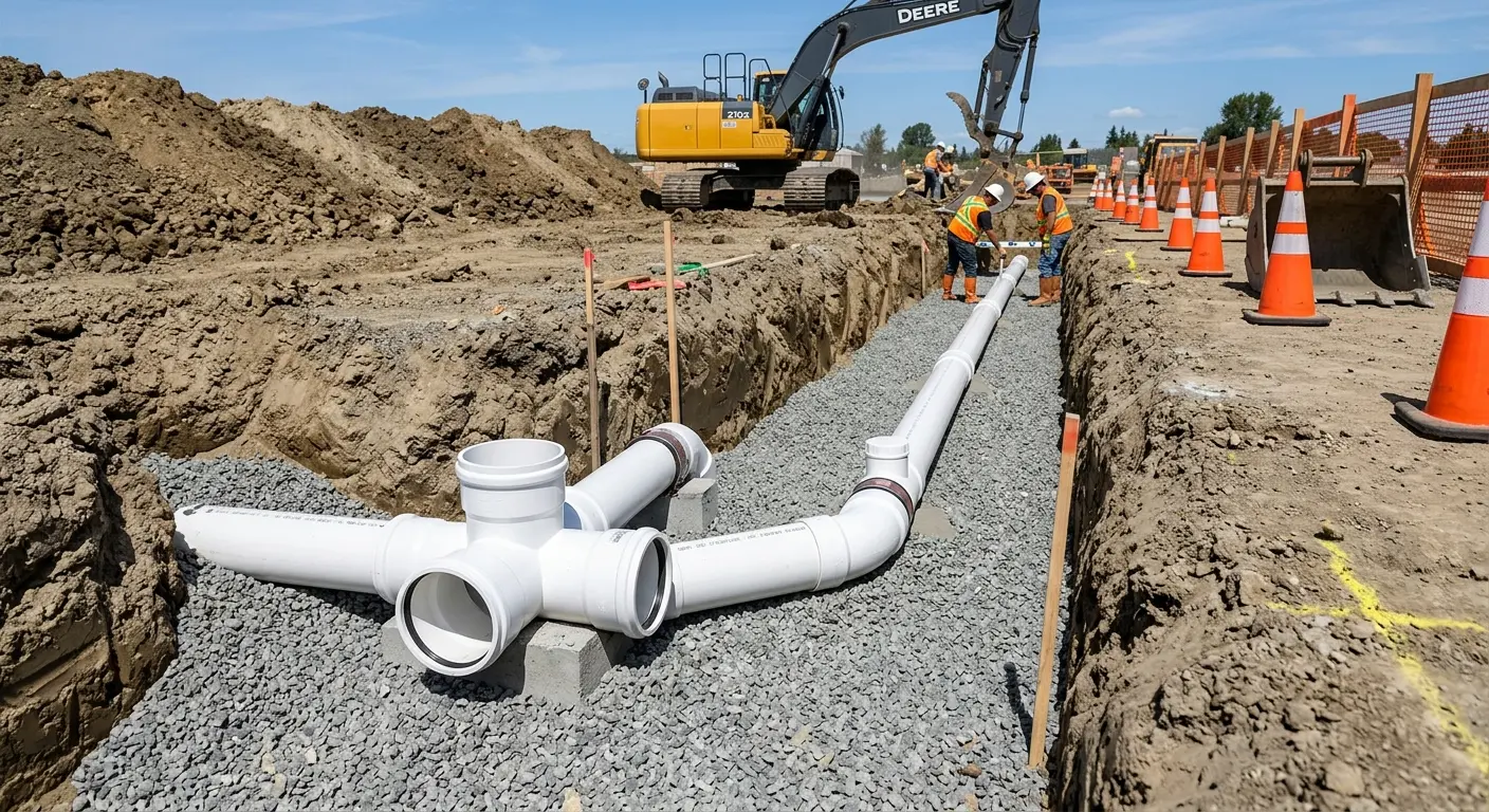 New PVC sewer pipe installation in open trench for Sewer Backup in Lake Park