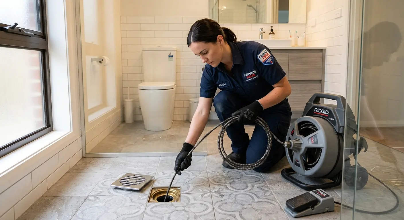Technician clearing a bathroom floor drain for Drain Cleaning in Lake Park
